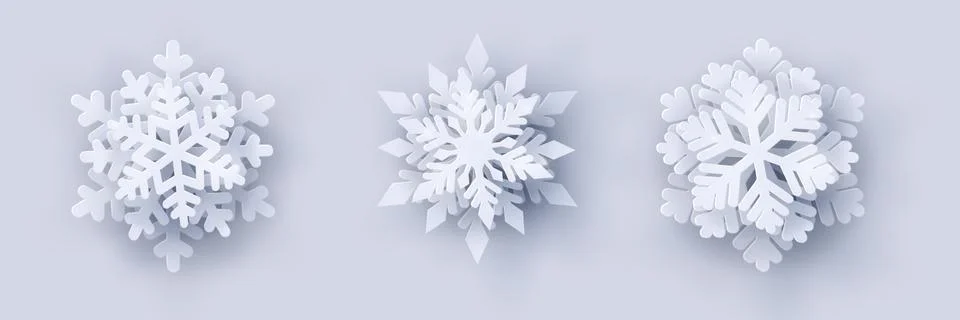 Vector set of 3 paper cut snowflakes with shadow Stock Illustration