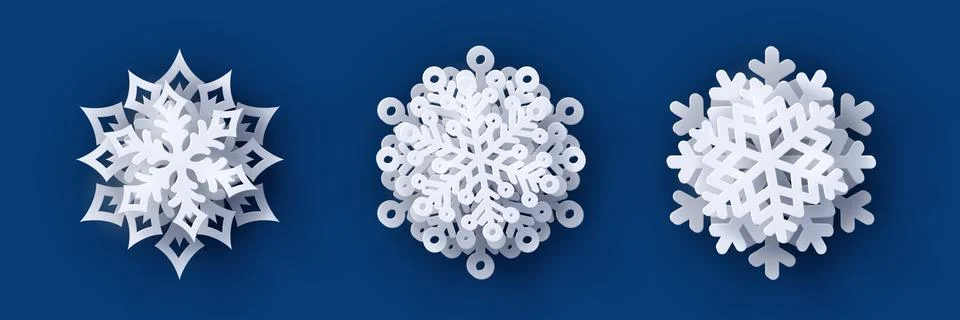 Vector set of 3 paper cut snowflakes with shadow Stock Illustration