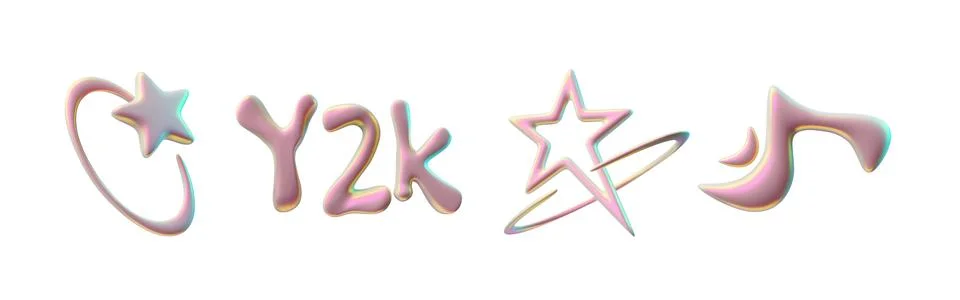 Vector set 3d letters, numbers, stars and shapes in holographic pink on a white Stock Illustration