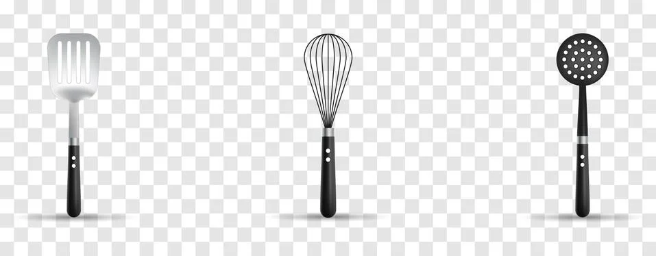 Vector set of 3d realistic kitchen utensils. Skimmer, whisk, spatula on Stock Illustration