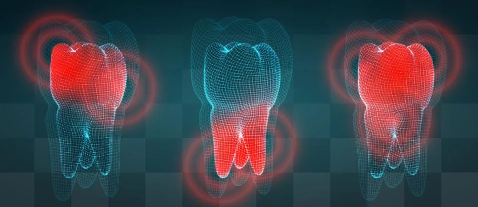Vector set of 3d teeth on a dark background. toothache. Stock Illustration