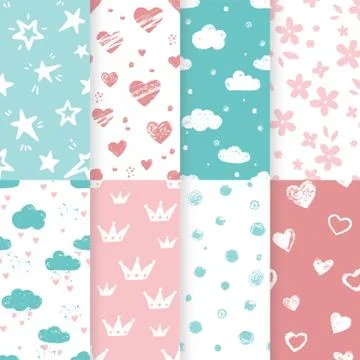 Vector set of 4 background seamless patterns in pale blue and pink colors. 스톡 일러스트