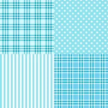 Vector set of 4 blue patterns. Striped, plaid, spotted  Stock Illustration