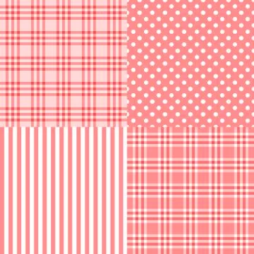 Vector set of 4 pink patterns striped, plaid, spotted Stock Illustration