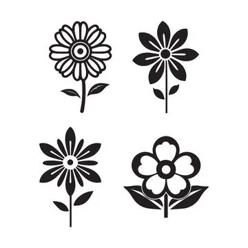 Vector Set of 4 Simple Black Flower Icons Stock Illustration