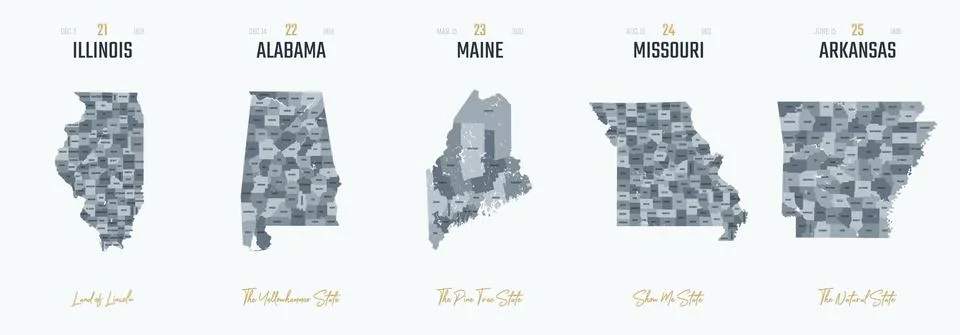 Vector set 5 of 10 Highly detailed silhouettes of US state maps, divided into Illustrazione stock