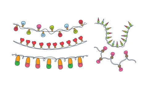 Vector set of 5 different festive garlands. Hand drawn holiday lights. Colorful Illustrazione stock