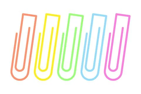 Vector set of 5 simple images of brightly colored paper clips. School and office Illustrazione stock