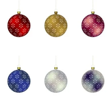 Vector set of 6 Christmass balls with snowflakes print hanging on a golden ch Stock-Illustration