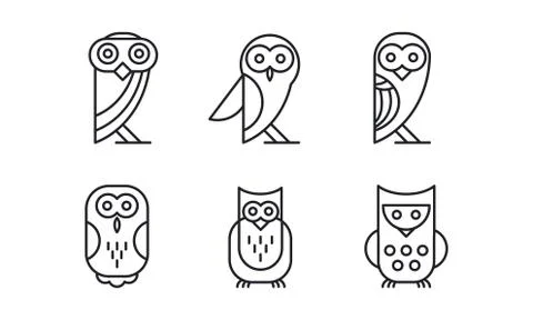 Vector set of 6 different owl. Forest bird. Simple linear icons. Elements for Stock Illustration