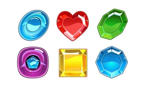 Vector set of 6 glossy gemstones of different forms. Valuable stones. Elements Stock Illustration