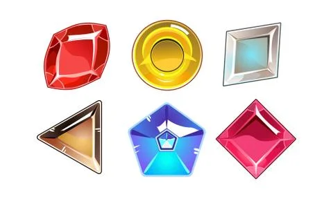 Vector set of 6 glossy stones of different shapes. Bright gemstones. Elements Illustrazione stock