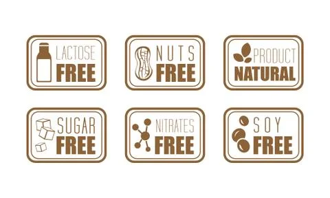 Vector set of 6 ingredient warning labels. Common allergens lactose, nuts, sugar Stock Illustration