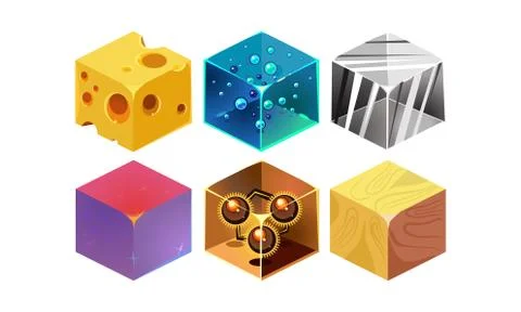 Vector set of 6 isometric cubes with different texture. Gaming assets. 3D Stock Illustration