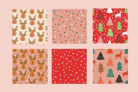 Vector set of 6 seamless patterns on Christmas topic. Confetti, reindeer Stock Illustration