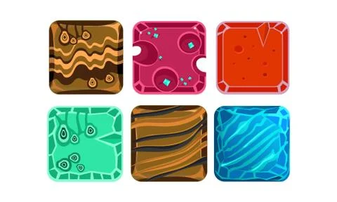 Vector set of 6 square tiles with different textures for mobile game. Gaming Stock Illustration