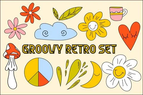 Vector set of 70s psychedelic clipart Stock Illustration