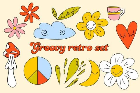 Vector set of 70s psychedelic clipart Illustrazione stock