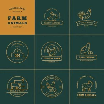 Vector set of 8 farm logos made in a linear style. Stock Illustration