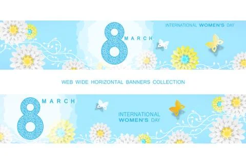 Vector set of 8 of March - International Women's Day wide banners on the grad Stock Illustration