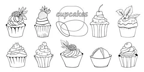 Vector set of 9 different hand drawn cupcakes イラスト素材