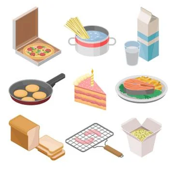 Vector set of 9 isometric food icons. Italian pizza, milk, slice of cake, rye 스톡 일러스트