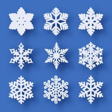 Vector set of 9 paper cut snowflakes with shadow Stock Illustration