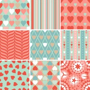 Vector set of 9 Valentine's Day heart patterns Illustrazione stock