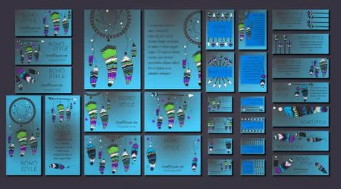 Vector set of abstract ethnic flyers with arrows, dreamcatcher, feather frame Stock Illustration