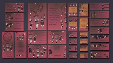 Vector set of abstract ethnic flyers with arrows, dreamcatcher, feather frame Stock Illustration