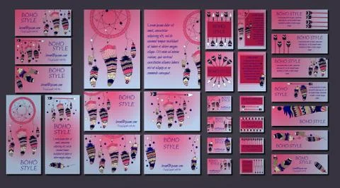 Vector set of abstract ethnic flyers with arrows, dreamcatcher, feather frame Stock Illustration