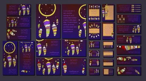 Vector set of abstract ethnic flyers with arrows, dreamcatcher, feather frame Stock Illustration