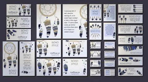 Vector set of abstract ethnic flyers with arrows, dreamcatcher, feather frame Stock Illustration