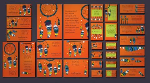 Vector set of abstract ethnic flyers with arrows, dreamcatcher, feather frame Stock Illustration