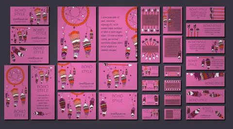 Vector set of abstract ethnic flyers with arrows, dreamcatcher, feather frame Stock Illustration
