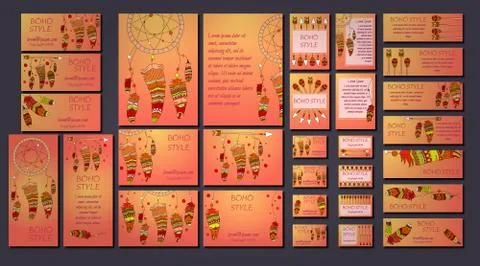 Vector set of abstract ethnic flyers with arrows, dreamcatcher, feather frame Stock Illustration