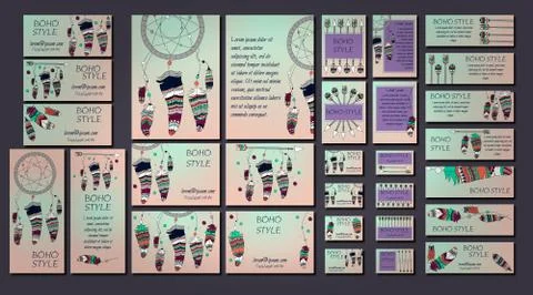 Vector set of abstract ethnic flyers with arrows, dreamcatcher, feather frame Stock Illustration