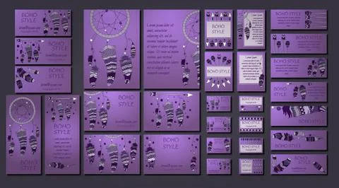 Vector set of abstract ethnic flyers with arrows, dreamcatcher, feather frame Stock Illustration