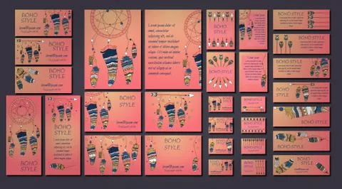 Vector set of abstract ethnic flyers with arrows, dreamcatcher, feather frame Stock Illustration