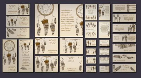 Vector set of abstract ethnic flyers with arrows, dreamcatcher, feather frame Stock Illustration