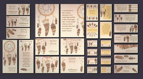 Vector set of abstract ethnic flyers with arrows, dreamcatcher, feather frame Stock Illustration
