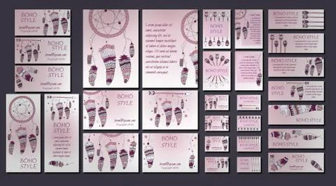 Vector set of abstract ethnic flyers with arrows, dreamcatcher, feather frame Stock Illustration