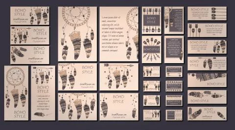 Vector set of abstract ethnic flyers with arrows, dreamcatcher, feather frame Stock Illustration