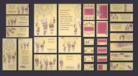 Vector set of abstract ethnic flyers with arrows, dreamcatcher, feather frame Stock Illustration