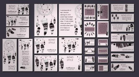 Vector set of abstract ethnic flyers with arrows, dreamcatcher, feather frame Stock Illustration