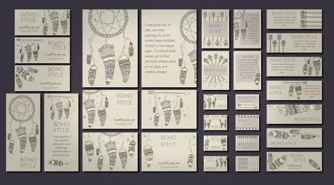 Vector set of abstract ethnic flyers with arrows, dreamcatcher, feather frame Stock Illustration