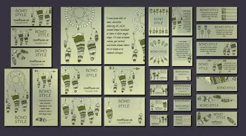 Vector set of abstract ethnic flyers with arrows, dreamcatcher, feather frame Stock Illustration
