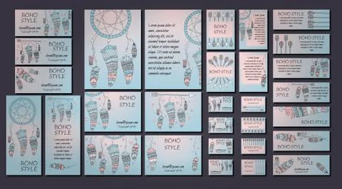 Vector set of abstract ethnic flyers with arrows, dreamcatcher, feather frame Stock Illustration