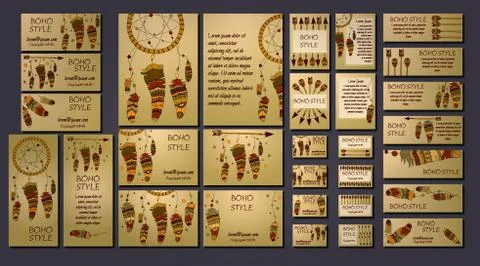 Vector set of abstract ethnic flyers with arrows, dreamcatcher, feather frame Stock Illustration