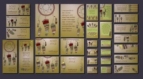 Vector set of abstract ethnic flyers with arrows, dreamcatcher, feather frame Stock Illustration